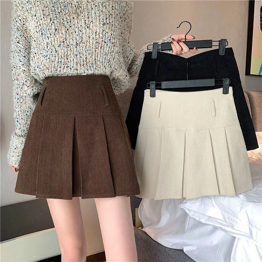 Brown Corduroy Pleated Mini Skirt