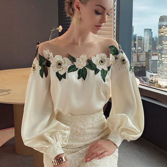 Luxury Flowers Embroidery Mesh Stitching Satin Shirt