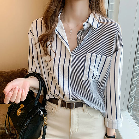 Striped Casual Pockets Long Sleeve Chemise